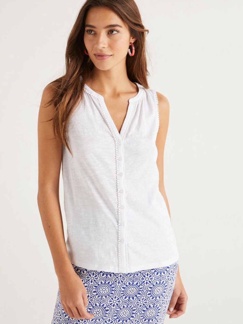 Boden Dara Pom Pom Jersey Tank Top White Sleeveless Button Front Size 10R